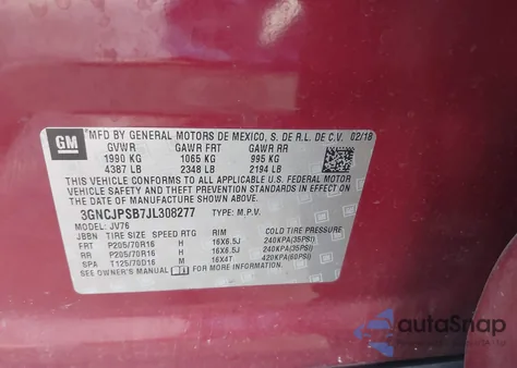 2018 Chevrolet Trax Lt z USA, uszkodzony, nr VIN 3GNCJPSB7JL308277